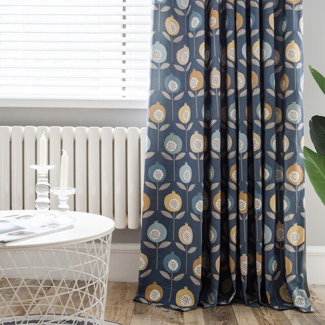 Blue Polyester Cotton Curtains for Living Room Bedroom Mordern Printed Floral Curtain